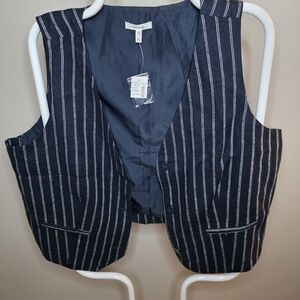 NWT Navy Blue Linen Blend Pinstripe Casual Button Down Vest
